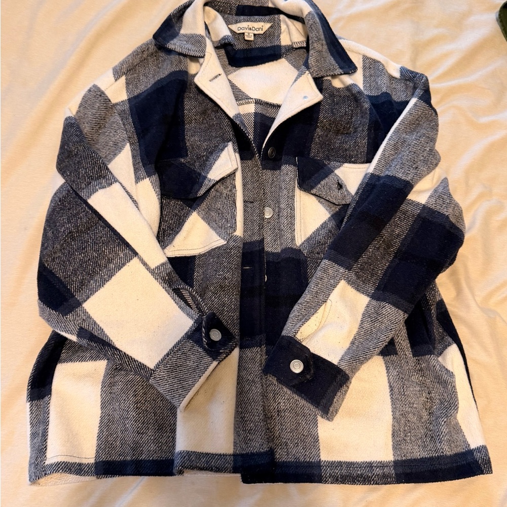 DAVI & DANI Blue and White Plaid Jean Jacket